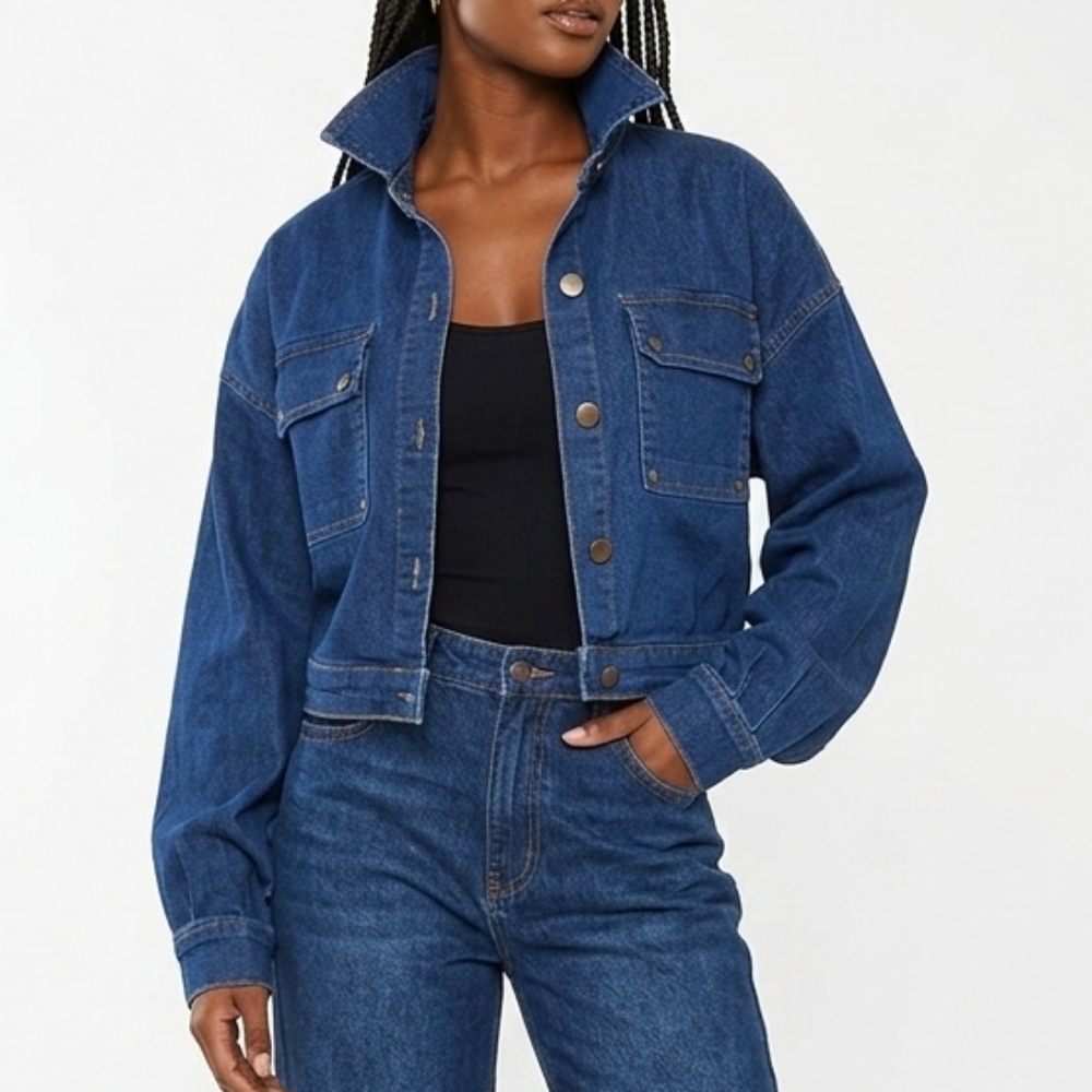 PrettyLittleThing Cropped Denim Jacket - Dark Blue - Size L (US 10)